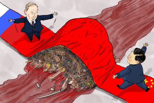 Cartoon: Roter Teppich (medium) by leopold maurer tagged putin,staatsbesuch,china,xi,jinping,moskau,russland,unterstützung,wirtschaft,krieg,kriegsverbrechen,einheit,westen,usa,nato,beziehung,schutz,roter,teppich,ukraine,frieden,heuchelei,massenmord,uiguren,präsident,leopold,maurer,cartoon,karikatur,putin,staatsbesuch,china,xi,jinping,moskau,russland,unterstützung,wirtschaft,krieg,kriegsverbrechen,einheit,westen,usa,nato,beziehung,schutz,roter,teppich,ukraine,frieden,heuchelei,massenmord,uiguren,präsident,leopold,maurer,cartoon,karikatur