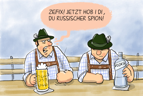 Cartoon: Russische Spione (medium) by leopold maurer tagged spione,agenten,russland,deutschland,ukraine,krieg,unterstützung,bayern,bier,vodka,enttarnung,sabotage,putin,leopold,maurer,cartoon,karikatur,spione,agenten,russland,deutschland,ukraine,krieg,unterstützung,bayern,bier,vodka,enttarnung,sabotage,putin,leopold,maurer,cartoon,karikatur