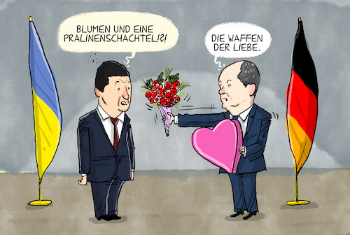 Cartoon: Scholz besucht Ukraine (medium) by leopold maurer tagged scholz,besuch,ukraine,diplomatie,konflikt,russland,nato,krieg,waffen,lieferung,valentinstag,pralinen,blumen,liebe,präsident,selenskyj,leopold,maurer,karikatur,cartoon,scholz,besuch,ukraine,diplomatie,konflikt,russland,nato,krieg,waffen,lieferung,valentinstag,pralinen,blumen,liebe,präsident,selenskyj,leopold,maurer,karikatur,cartoon