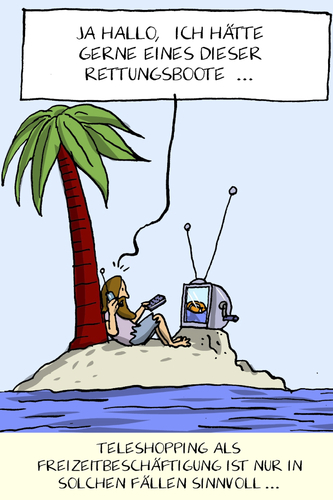 Cartoon: teleshopping (medium) by leopold maurer tagged teleshopping,shopping,tv,insel,schiffbruch,rettungsboot,teleshopping,shopping,tv,insel,schiffbruch,rettungsboot