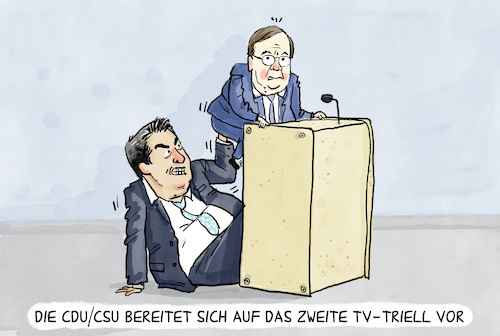 Cartoon: Triell Training (medium) by leopold maurer tagged wahl,2021,bundesrat,deutschland,cdu,csu,laschet,kanzlerkanditat,söder,training,vorbereitung,umfrage,umfragetief,tv,triell,wahl,2021,bundesrat,deutschland,cdu,csu,laschet,kanzlerkanditat,söder,training,vorbereitung,umfrage,umfragetief,tv,triell