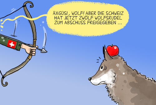 Cartoon: Wolfabschuss Schweiz (medium) by leopold maurer tagged schweiz,wölfe,abschuss,rudel,thema,kontrovers,landwirtschaft,nutztiere,wildtiere,wild,apfel,tell,bogen,leopold,maurer,cartoon,karikatur,schweiz,wölfe,abschuss,rudel,thema,kontrovers,landwirtschaft,nutztiere,wildtiere,wild,apfel,tell,bogen,leopold,maurer,cartoon,karikatur