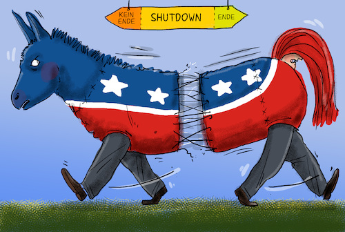 Cartoon: Zerreissprobe (medium) by leopold maurer tagged demokraten,republikaner,verwaltung,shutdown,ende,trump,esel,symbol,standhalten,zerreissprobe,zerstritten,leopold,maurer,karikatur,cartoon,demokraten,republikaner,verwaltung,shutdown,ende,trump,esel,symbol,standhalten,zerreissprobe,zerstritten,leopold,maurer,karikatur,cartoon
