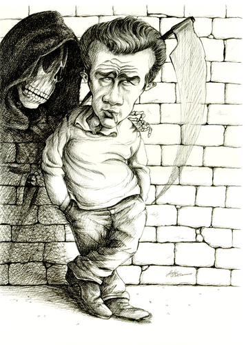 Cartoon: Dean and Death (medium) by Stefan Kahlhammer tagged mauer,death,tod,caricature,karikatur,flankalan,flankale,kahlhammer,james,dean,james dean,karikatur,schauspieler,legende,james,dean