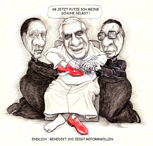 Cartoon: Reform (medium) by Stefan Kahlhammer tagged vatikan,rot,schuhe,kahlhammer,caricature,karikatur,flankalan,flankale,papa,pope,reform,putzen,roma,rom,papst,benedetto,benedikt,vatican,religion,benedikt,rom,papst