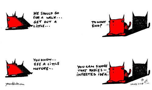 Cartoon: a walk to the river - yo n dude (medium) by ericHews tagged cat,dog,red,yo,dude,eric,hews