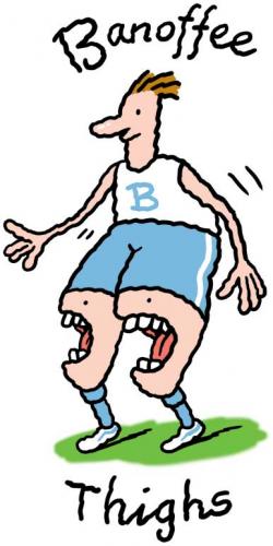 Cartoon: Banoffee Thighs (medium) by Ellis Nadler tagged banoffee,pie,thigh,triathlon,runner,athletics,jogger,mouth,teeth,food,shorts,sport