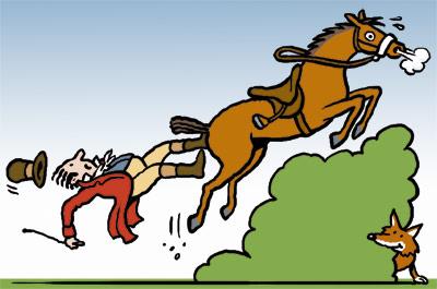 Cartoon: Fox hunt (medium) by Ellis Nadler tagged fox,hunt,fall,horse,rider,accident,hedge,animal,saddle,jump