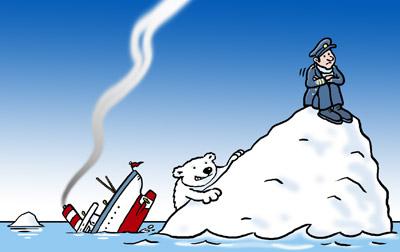 Cartoon: Iceberg (medium) by Ellis Nadler tagged ship,sunk,disaster,titanic,iceberg,wreck,polar,bear,arctic,cold,sailor,captain,island,lost,danger,smoke,ocean,sea