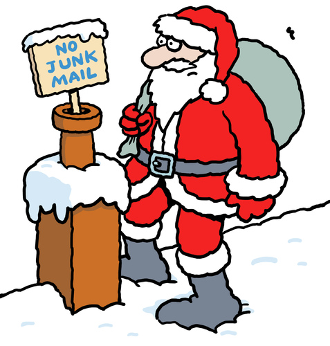 Cartoon: Santa on roof foiled by sign (medium) by Ellis Nadler tagged santa,claus,xmas,christmas,presents,sack,snow,roof,chimney,winter,beard,red,sign,junk,mail