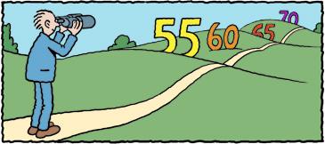 Cartoon: The years ahead (medium) by Ellis Nadler tagged road,path,age,death,life,binoculars,hils,numbers,retirement,man,landscape