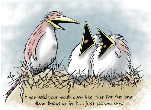 Cartoon: Bird Barf (medium) by toonerman tagged mouth,open,funny,humor,hungry,nest,nestlings,baby,birds,cartoon,rtoon