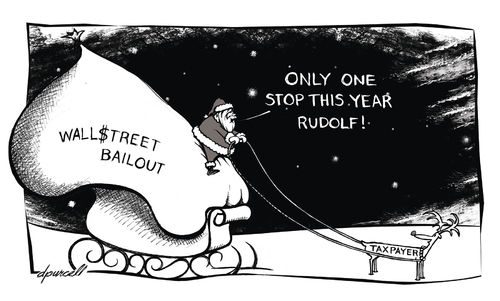 Cartoon: Wall Street Santa (medium) by toonerman tagged santa,clause,christmas,holiday,december,winter,cold,sleigh,reindeer,wall,street,bankers,banks,greed,money,bailout