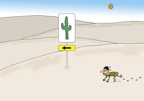 Cartoon: Desert (medium) by joruju piroshiki tagged desert,joke,water,signboard,wüste,durst,verdursten,kaktus,wasser,hitze