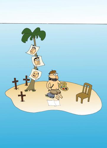 Cartoon: desert island (medium) by joruju piroshiki tagged desert,island,gestrandet,insel,palme,schiffbrüchiger,kannibalismus,sterben,not,tod,maler,künstler,portrait,malen,stuhl,beschäftigung,freizeit,andenken,fotos,bilder,kunstwerk,friedhof,allein,einsamkeit