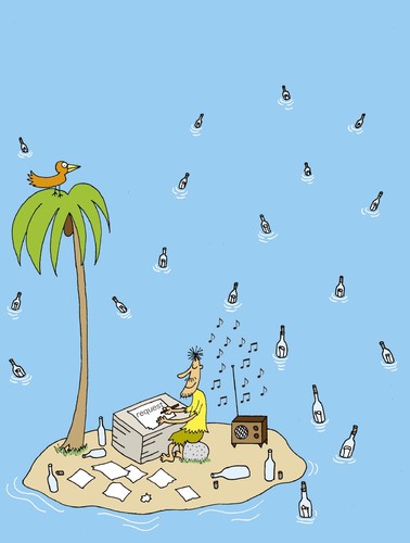 Cartoon: request (medium) by joruju piroshiki tagged request,radio,music,desert,island,illustration,illustrationen,insel,musik,musiker,flaschenpost,einsam,alleine
