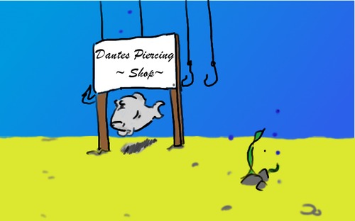 Cartoon: Dantes Piercing Shop (medium) by Grikewilli tagged schmuck,piercing,tatoo,mode,fische,hai,lifestyle,körperkult,ringe,ohrringe,dante,meer,tiefsee,see,ozean,wasser,aquarium,shop,angeln,fischen,strand,meeresgrund