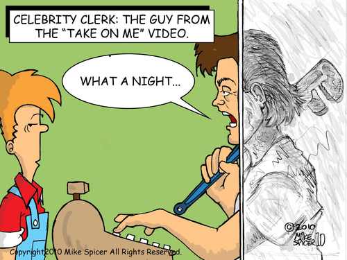 Cartoon: Celebrity Clerk A Ha Guy (medium) by Mike Spicer tagged mike,spicer,celebrity,clerk,ha,parody,satire,cartoon,cartoonist,caricature