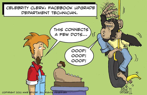 Cartoon: Celebrity Clerk FB upgrade Dept. (medium) by Mike Spicer tagged zuckerbook,facebook,chimp,celebrity
