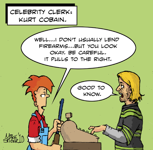 Cartoon: Celebrity Clerk Kurt Cobain (medium) by Mike Spicer tagged mike,spicer,cartoonist,celebrity,clerk,humour,cartoon,comic