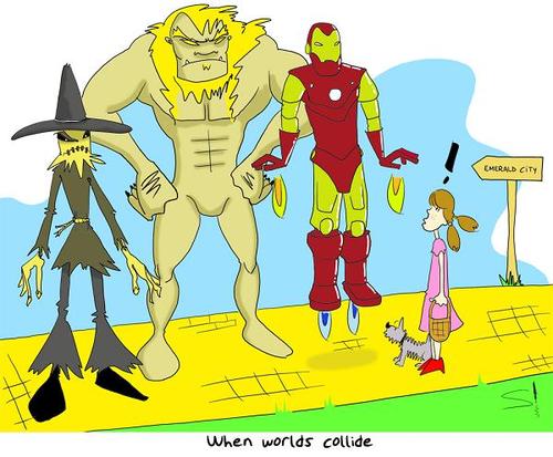 Cartoon: When Worlds Collide 1 (medium) by Spen tagged ironman,sabretooth,oz,dorothy,scarecrow,toto,yellow,brick