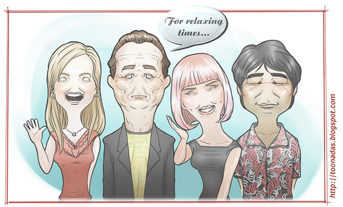 Cartoon: Lost in Translation (medium) by Freelah tagged bill,murray,anna,faris,scarlett,johansson,umihiro,hayashi,lost,in,translation