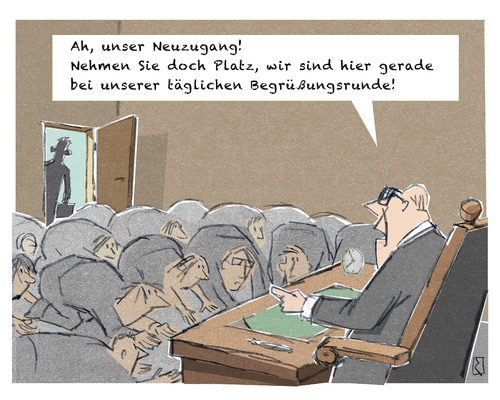 Cartoon: Begrüßung (medium) by Jan Rieckhoff tagged firma,unternehmen,business,chef,boss,manager,unternehmer,führung,führungsperson,angestellte,untergebene,belegschaft,personal,unterwerfen,schikanieren,drangsalieren,comic,cartoon,karikatur,jan,rieckhoff,firma,unternehmen,business,chef,boss,manager,unternehmer,führung,führungsperson,angestellte,untergebene,belegschaft,personal,unterwerfen,schikanieren,drangsalieren,comic,cartoon,karikatur,jan,rieckhoff