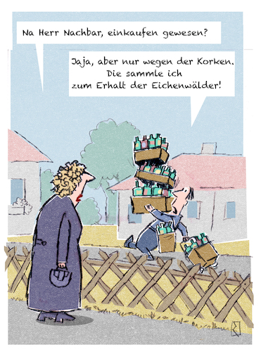 Cartoon: Einkauf (medium) by Jan Rieckhoff tagged umwelt,bewusst,nachhaltig,ressourcen,schonen,müll,mülltrennung,wertstoff,sammeln,natur,naturschutz,kork,korkeichen,wälder,bio,rohstoff,nachwachsen,nachbar,nachbarschaft,überwachen,beobachten,cartoon,witz,zeichnung,comic,karikatur,humor,jan,rieckhoff,umwelt,bewusst,nachhaltig,ressourcen,schonen,müll,mülltrennung,wertstoff,sammeln,natur,naturschutz,kork,korkeichen,wälder,bio,rohstoff,nachwachsen,nachbar,nachbarschaft,überwachen,beobachten,cartoon,witz,zeichnung,comic,karikatur,humor,jan,rieckhoff