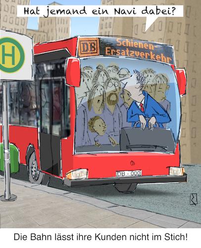 Cartoon: Ersatzverkehr (medium) by Jan Rieckhoff tagged db,deutsche,bahn,bus,busverkehr,schienen,ersatzverkehr,navi,navigationsgerät,service,fahrer,ersatzfahrer,personal,personalmangel,hilfskraft,ausfall,pannen,chaos,bahnverkehr,strecke,haltestelle,busstop,schienenverkehr,fahrgäste,überfüllung,kunden,kundschaft,fahrplan,bahnverbindungen,zugverkehr,zugbetrieb,zugverbindung,einschränkung,reduzierung,fahrplanänderung,cartoon,comic,witz,zeichnung,karikatur,humor,satire,ironie,lachen,jan,rieckhoff,db,deutsche,bahn,bus,busverkehr,schienen,ersatzverkehr,navi,navigationsgerät,service,fahrer,ersatzfahrer,personal,personalmangel,hilfskraft,ausfall,pannen,chaos,bahnverkehr,strecke,haltestelle,busstop,schienenverkehr,fahrgäste,überfüllung,kunden,kundschaft,fahrplan,bahnverbindungen,zugverkehr,zugbetrieb,zugverbindung,einschränkung,reduzierung,fahrplanänderung,cartoon,comic,witz,zeichnung,karikatur,humor,satire,ironie,lachen,jan,rieckhoff