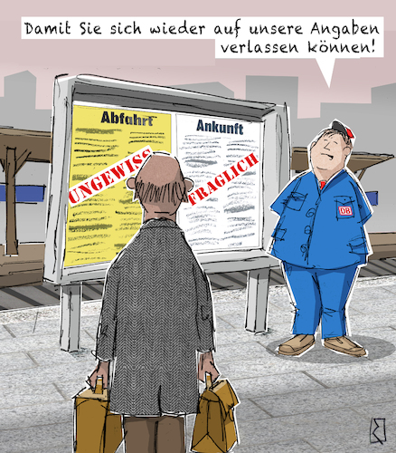 Cartoon: Fahrplan (medium) by Jan Rieckhoff tagged deutsche,bahn,db,fahrplan,bahnverbindungen,störung,zugausfall,zugverkehr,zugbetrieb,zugverbindung,schienenverkehr,fahrplanänderung,auskunft,reisezentrum,service,korrektur,unzuverlässig,probleme,verspätung,puenktlichkeit,unpünktlich,wetter,chaos,dauerkrise,fahrgast,warten,stress,bahnsteig,bahnhof,ausfälle,beschwerden,bahnbediensteter,kundendienst,witz,cartoon,comic,karikatur,jan,rieckhoff,deutsche,bahn,db,fahrplan,bahnverbindungen,störung,zugausfall,zugverkehr,zugbetrieb,zugverbindung,schienenverkehr,fahrplanänderung,auskunft,reisezentrum,service,korrektur,unzuverlässig,probleme,verspätung,puenktlichkeit,unpünktlich,wetter,chaos,dauerkrise,fahrgast,warten,stress,bahnsteig,bahnhof,ausfälle,beschwerden,bahnbediensteter,kundendienst,witz,cartoon,comic,karikatur,jan,rieckhoff