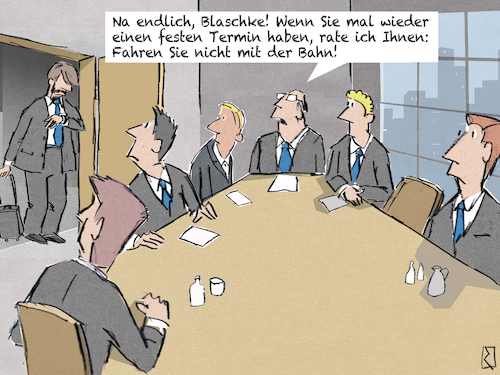 Cartoon: Verspätung DB (medium) by Jan Rieckhoff tagged deutsche,bahn,db,bahnverbindungen,stoerung,gleisbauarbeiten,zugausfall,zugverkehr,zugbetrieb,zugverbindung,schienenverkehr,fahrplan,service,fahrplanaenderung,unzuverlaessig,probleme,verspaetung,puenktlichkeit,unpuenktlich,chaos,dauerkrise,fahrgast,warten,stress,bahnsteig,bahnhof,beschwerden,chef,betrieb,firma,sitzung,meeting,angestellte,witz,cartoon,comic,karikatur,jan,rieckhoff,deutsche,bahn,db,bahnverbindungen,stoerung,gleisbauarbeiten,zugausfall,zugverkehr,zugbetrieb,zugverbindung,schienenverkehr,fahrplan,service,fahrplanaenderung,unzuverlaessig,probleme,verspaetung,puenktlichkeit,unpuenktlich,chaos,dauerkrise,fahrgast,warten,stress,bahnsteig,bahnhof,beschwerden,chef,betrieb,firma,sitzung,meeting,angestellte,witz,cartoon,comic,karikatur,jan,rieckhoff