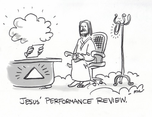 Cartoon: Jesus Performance Review (medium) by r8r tagged corporate,corporation,business,performance,review,employee,heaven,hell,god,halo,salary,employment,job,worry,business,performance,arbeit,job,beruf,gott,bibel