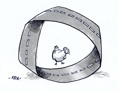 Cartoon: Moebius chicken (medium) by r8r tagged topology,math,chicken,moebius,strip,road,cross,puzzle