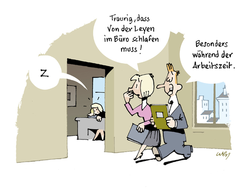 Cartoon: Schlaflos in Berlin (medium) by Weyershausen tagged van,der,leyen,schlafen,bett,büro,berlin