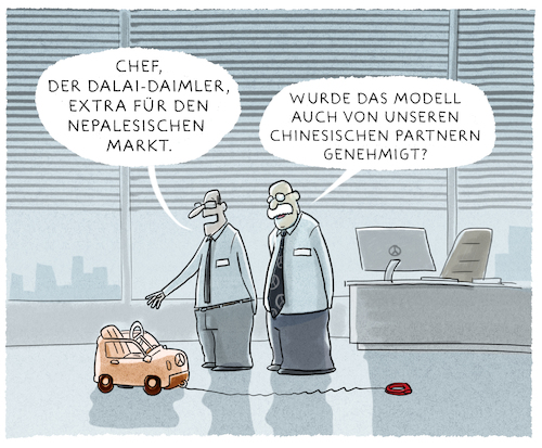 Cartoon: ... (medium) by markus-grolik tagged daimler,autoindustrie,china,peking,nepal,dalai,lamm,zetschke,mercedes,berlin,stuttgart,diesel,grolik,daimler,autoindustrie,china,peking,nepal,dalai,lamm,zetschke,mercedes,berlin,stuttgart,diesel,grolik