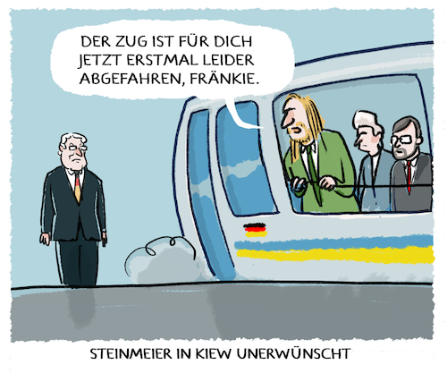 Cartoon: Abgefahren... (medium) by markus-grolik tagged steinmeier,kiew,bundespraesident,ukraine,russland,krieg,gas,bundestagsdelegation,delegation,besuch,hofreiter,roth,strack,zimmermann,spd,ampel,selensky,steinmeier,kiew,bundespraesident,ukraine,russland,krieg,gas,bundestagsdelegation,delegation,besuch,hofreiter,roth,strack,zimmermann,spd,ampel,selensky