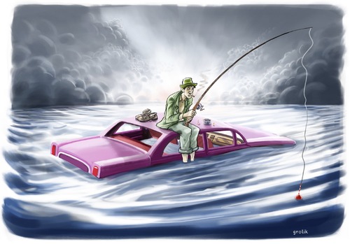 Cartoon: Angler. ganz allein (medium) by markus-grolik tagged angler,fischen,wasser,angel,auto,hochwasser,überschwemmung,flut,weltuntergang