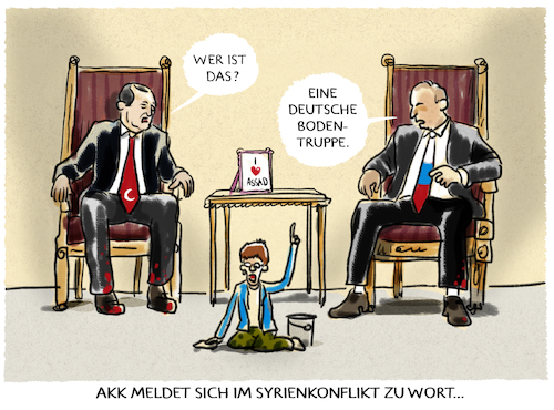 Cartoon: ...Annegret KK... (medium) by markus-grolik tagged syrienverteidigungsministerin,bundeswehr,akk,kramp,karrenbauer,bodentruppen,schutzzonetürkei,russland,putin,assad,syrien,kurden,deutschland,europa,syrienverteidigungsministerin,bundeswehr,akk,kramp,karrenbauer,bodentruppen,schutzzonetürkei,russland,putin,assad,syrien,kurden,deutschland,europa