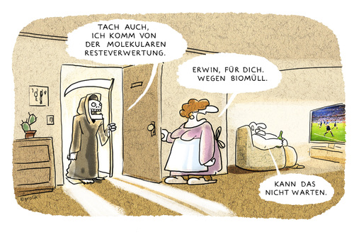 Cartoon: Besuch... (medium) by markus-grolik tagged ehe,tod,besuch,sensenmann,gevatter,an,der,tür,klingel,champions,league,tv,biomüll,verwertungskette,verwertung,sitzmöbel,cartoon,grolik