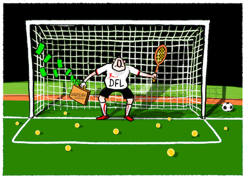 Cartoon: Bundesliga Ausverkauf (medium) by markus-grolik tagged bundesliga,dfl,fans,anhaenger,proteste,fussball,vereine,hannover,96,martin,kind,tennisbaelle,stadien,protest,fankurve,funktionaere,tv,rechte,bundesliga,dfl,fans,anhaenger,proteste,fussball,vereine,hannover,96,martin,kind,tennisbaelle,stadien,protest,fankurve,funktionaere,tv,rechte