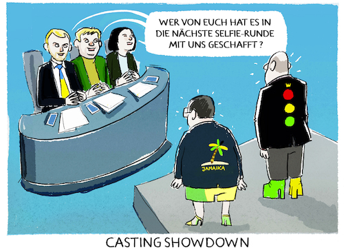 Cartoon: Casting (medium) by markus-grolik tagged jamaika,ampel,fdp,gruene,cdu,csu,spd,scholz,laschet,kanzler,deutschland,regierungsbildung,koalitionen,selfie,castingshow,jamaika,ampel,fdp,gruene,cdu,csu,spd,scholz,laschet,kanzler,deutschland,regierungsbildung,koalitionen,selfie,castingshow