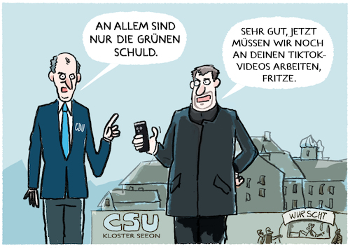 Cartoon: CSU-Wahlkampfnachhilfe... (medium) by markus-grolik tagged csu,cdu,merz,soeder,bayern,union,gruene,habeck,bashing,wahlkampf,tiktok,fritze,kanzlerkandidat,machtkampf,kloster,seeon,klausur,grünenbashing,csu,cdu,merz,soeder,bayern,union,gruene,habeck,bashing,wahlkampf,tiktok,fritze,kanzlerkandidat,machtkampf,kloster,seeon,klausur,grünenbashing