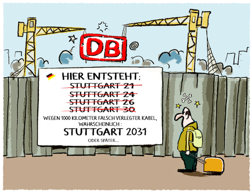 Cartoon: Dauerbaustelle Stuttgart (medium) by markus-grolik tagged dauerbaustelle,deutschland,db,bahn,bahnhof,kabel,stuttgart,21,baustelle,planung,zugverkehr,bahnreisen,bahnreisende,dauerbaustelle,deutschland,db,bahn,bahnhof,kabel,stuttgart,21,baustelle,planung,zugverkehr,bahnreisen,bahnreisende