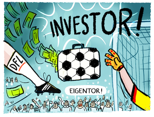 Cartoon: DFL...das Eckige muss ins Runde (medium) by markus-grolik tagged investoren,fussball,deutschland,dfl,vereine,fans,bundesliga,ausverkauf,geld,finanzen,sportswashing,eigentor,anhaenger,investoren,fussball,deutschland,dfl,vereine,fans,bundesliga,ausverkauf,geld,finanzen,sportswashing,eigentor,anhaenger