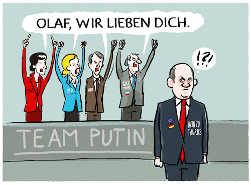 Cartoon: Die neuen Scholzfans... (medium) by markus-grolik tagged olaf,scholz,bundeskanzler,taurus,ukrainekrieg,russland,putin,schroeder,bsw,afd,wagenknecht,weidel,hoecke,putinversteher,nato,westen,marschflugkoerper,olaf,scholz,bundeskanzler,taurus,ukrainekrieg,russland,putin,schroeder,bsw,afd,wagenknecht,weidel,hoecke,putinversteher,nato,westen,marschflugkoerper