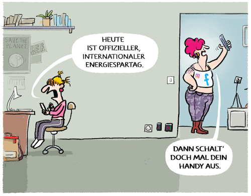 Cartoon: Energiespartag (medium) by markus-grolik tagged energiespartag,energie,sparen,deutschland,klimajugend,jugend,handy,social,media,stromverbrauch,ressourcen,erwachsene,kinder,erziehung,vorbild,energiespartag,energie,sparen,deutschland,klimajugend,jugend,handy,social,media,stromverbrauch,ressourcen,erwachsene,kinder,erziehung,vorbild