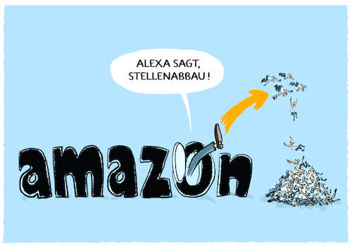 Cartoon: Entlassungswelle (medium) by markus-grolik tagged amazon,kuendigungen,stellenabbau,jobs,alexa,jeff,bezos,tech,unternehmen,online,internet,entlassungswelle,versandhändler,amazon,kuendigungen,stellenabbau,jobs,alexa,jeff,bezos,tech,unternehmen,online,internet,entlassungswelle,versandhändler