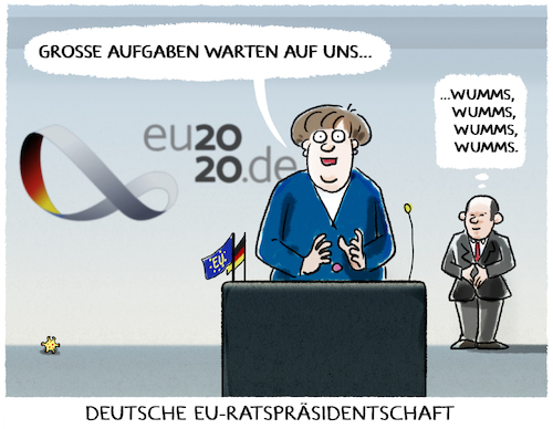 Cartoon: ...eu20... (medium) by markus-grolik tagged ratspraesidentschaft,merkel,scholz,wumms,schulden,krise,europa,corona,pandemie,eu20,deutschland,ratspraesidentschaft,merkel,scholz,wumms,schulden,krise,europa,corona,pandemie,eu20,deutschland