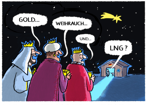 Cartoon: Gaben aus dem Morgenland... (medium) by markus-grolik tagged heilige,drei,koenige,rohstoffe,aramco,fossile,energie,oel,gas,lng,fluessiggas,katar,saudi,arabien,opec,deutschland,europa,usa,terminal,heizen,heizkosten,ampel,habeck,eu,heilige,drei,koenige,rohstoffe,aramco,fossile,energie,oel,gas,lng,fluessiggas,katar,saudi,arabien,opec,deutschland,europa,usa,terminal,heizen,heizkosten,ampel,habeck,eu