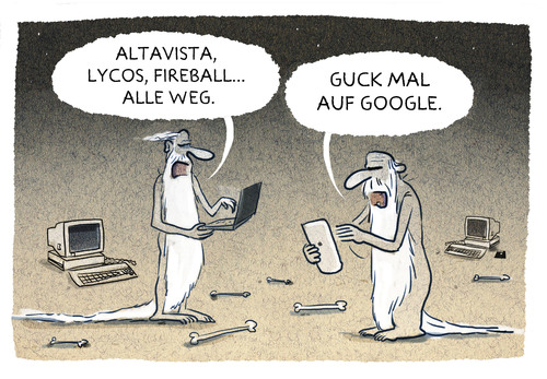 Cartoon: Good bye... (medium) by markus-grolik tagged genommen,netz,vom,grolik,cartoon,google,services,und,gewohnheiten,von,verschrottung,schrott,digital,zeiten,beste,fireball,lycos,suchmaschine,altavista,yahoo